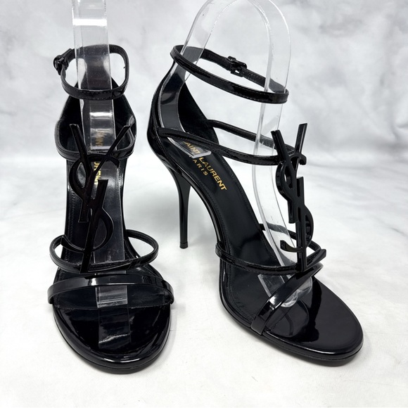 Saint Laurent YSL Cassandra Patent Leather Strappy Sandal Heel Designer Black 37 - Picture 2 of 16